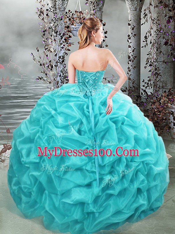 Sumptuous Sweetheart Sleeveless Sweet 16 Dresses Floor Length Beading and Appliques and Pick Ups Aqua Blue Organza