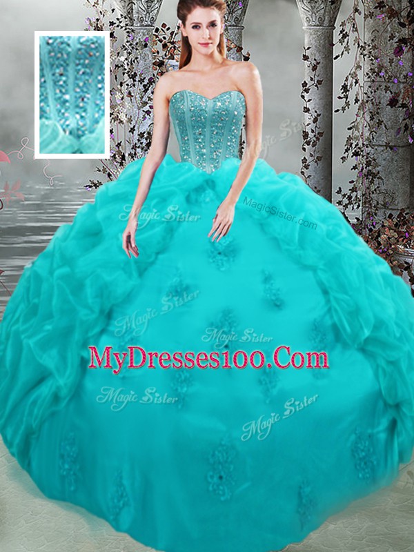 Sumptuous Sweetheart Sleeveless Sweet 16 Dresses Floor Length Beading and Appliques and Pick Ups Aqua Blue Organza