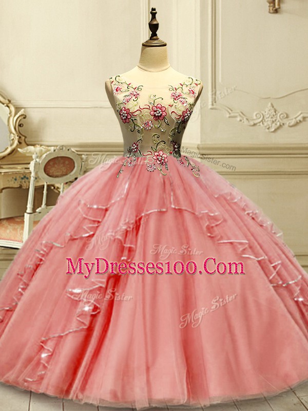 Watermelon Red Lace Up Quinceanera Dress Appliques Sleeveless Floor Length