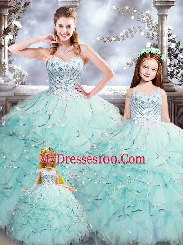 Lovely Aqua Blue Sleeveless Beading and Ruffles Floor Length Quinceanera Gowns
