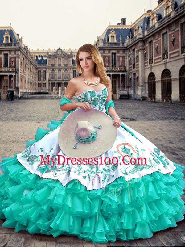 Custom Designed Sleeveless Lace Up Floor Length Embroidery and Ruffled Layers 15 Quinceanera Dress