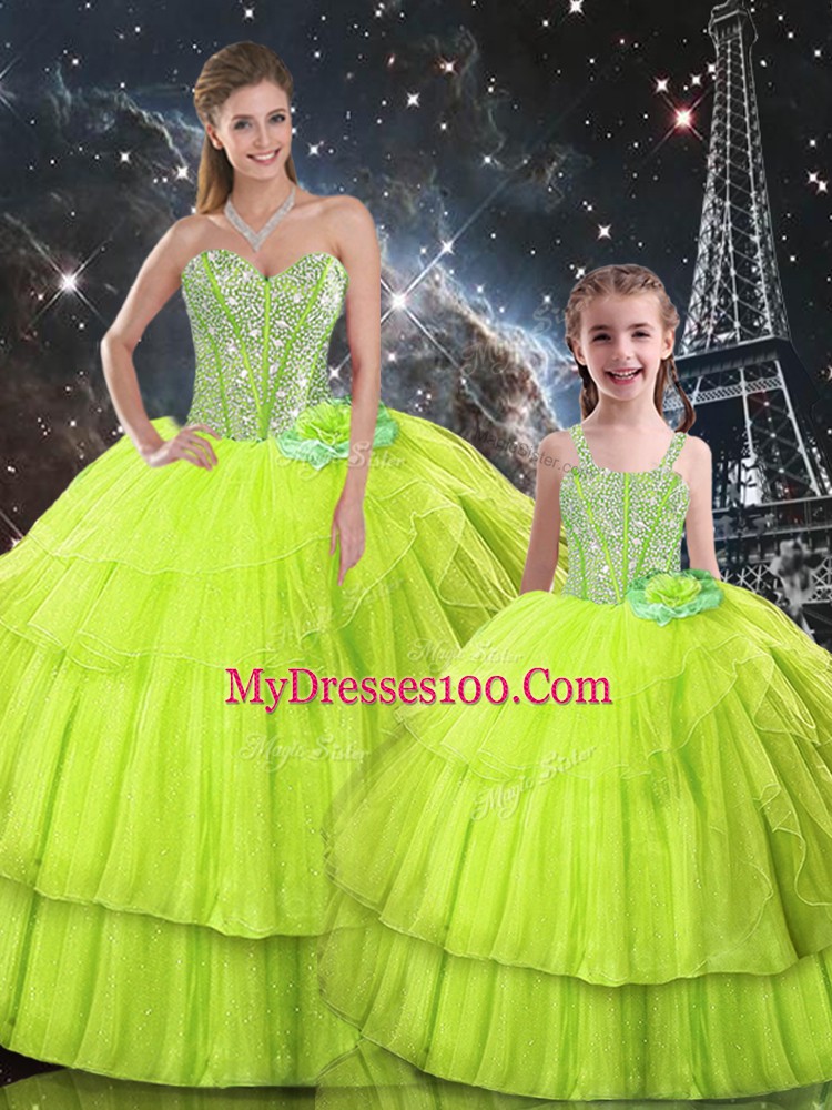 Beauteous Sleeveless Organza Floor Length Lace Up Quinceanera Gown in Yellow Green with Ruffled Layers