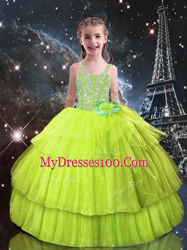 Beauteous Sleeveless Organza Floor Length Lace Up Quinceanera Gown in Yellow Green with Ruffled Layers