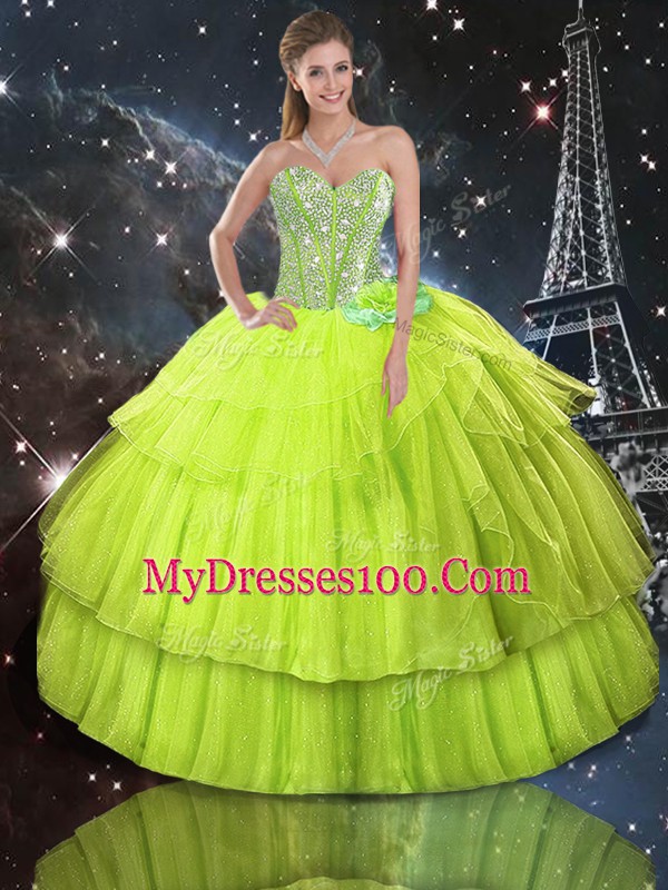 Beauteous Sleeveless Organza Floor Length Lace Up Quinceanera Gown in Yellow Green with Ruffled Layers