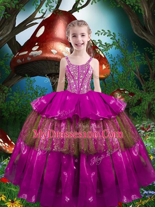 Beading and Ruffled Layers Kids Pageant Dress Fuchsia Lace Up Sleeveless Floor Length