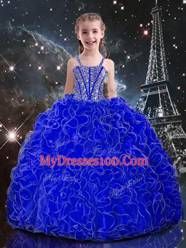 New Arrival Floor Length Royal Blue Little Girl Pageant Gowns Organza Sleeveless Beading and Ruffles