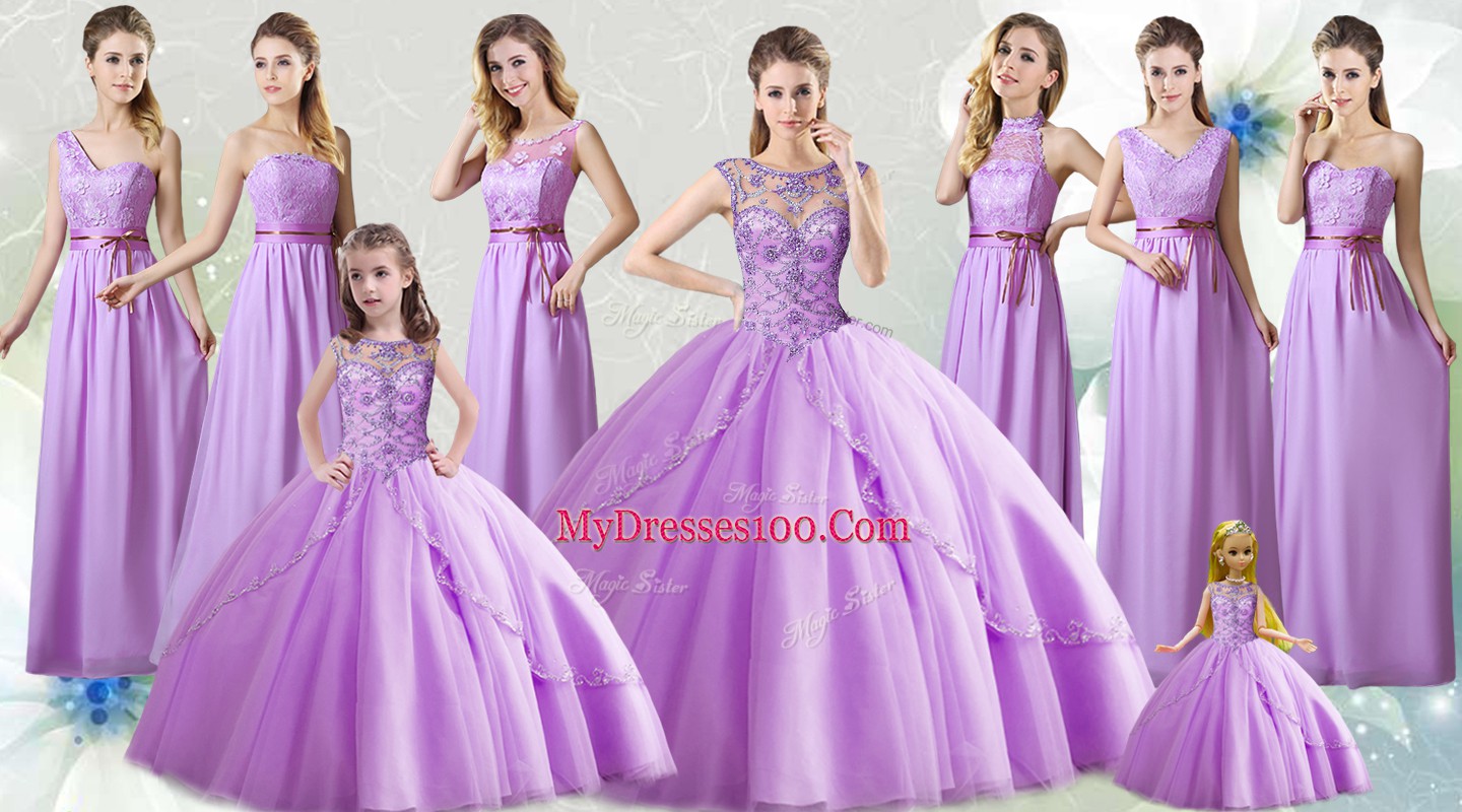Sleeveless Tulle Floor Length Lace Up Vestidos de Quinceanera in Lilac with Beading
