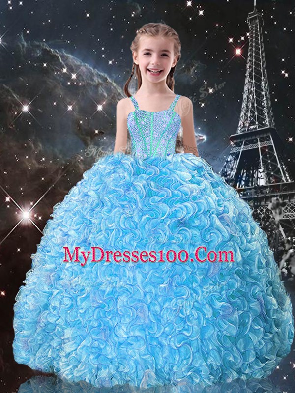 Aqua Blue Sleeveless Floor Length Beading and Ruffles Lace Up Little Girls Pageant Gowns