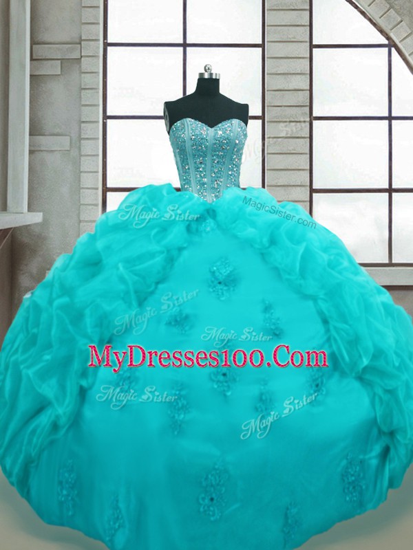 Lovely Aqua Blue Sleeveless Floor Length Beading and Appliques and Pick Ups Lace Up Quince Ball Gowns