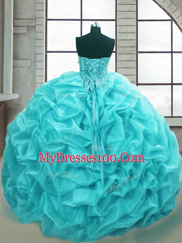 Lovely Aqua Blue Sleeveless Floor Length Beading and Appliques and Pick Ups Lace Up Quince Ball Gowns