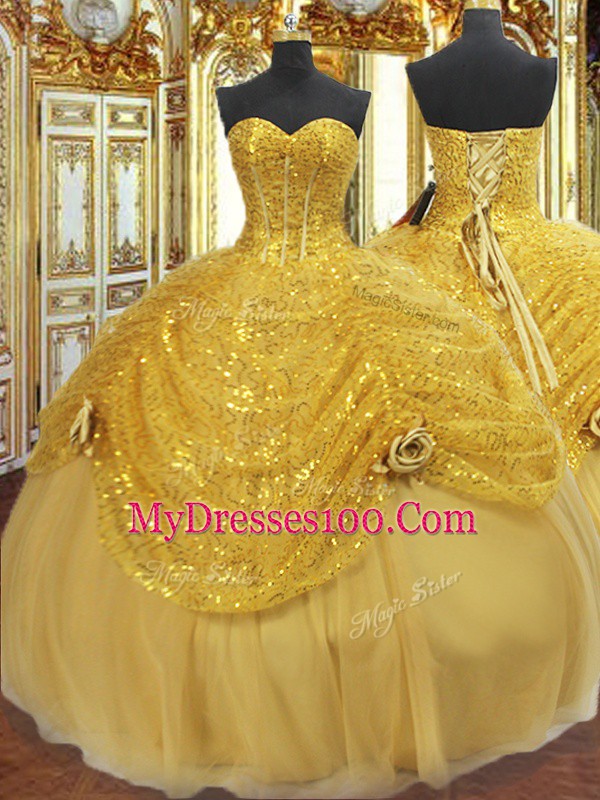 Sumptuous Gold Sleeveless Floor Length Pick Ups and Hand Made Flower Lace Up Sweet 16 Dress