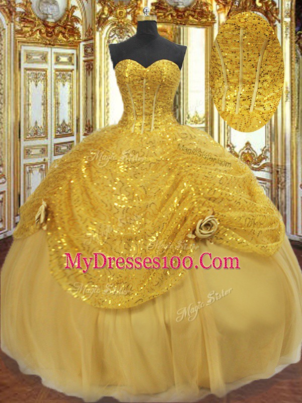 Sumptuous Gold Sleeveless Floor Length Pick Ups and Hand Made Flower Lace Up Sweet 16 Dress