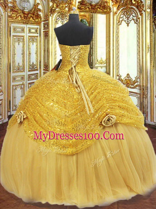 Sumptuous Gold Sleeveless Floor Length Pick Ups and Hand Made Flower Lace Up Sweet 16 Dress