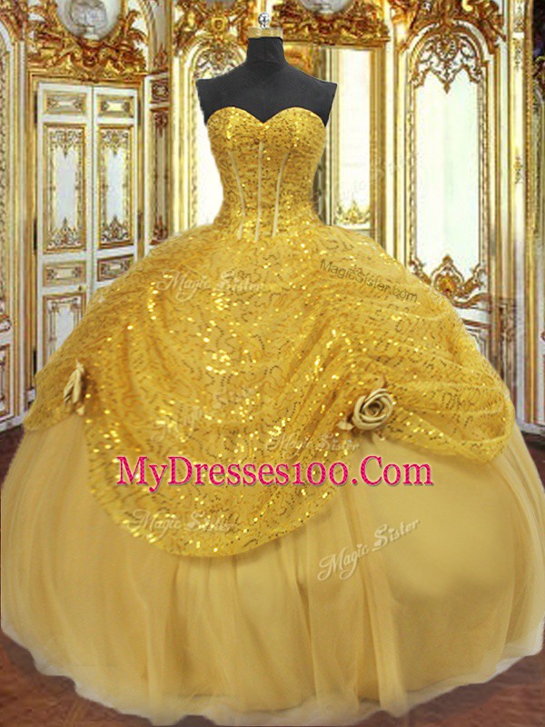 Sumptuous Gold Sleeveless Floor Length Pick Ups and Hand Made Flower Lace Up Sweet 16 Dress