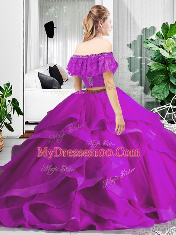 Fuchsia Off The Shoulder Neckline Lace and Ruffles Quinceanera Dress Sleeveless Lace Up