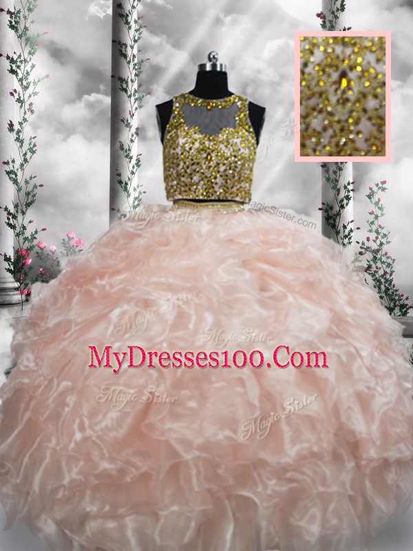 Luxury Peach Sleeveless Beading and Ruffles Floor Length 15 Quinceanera Dress