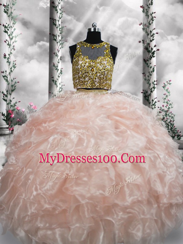 Luxury Peach Sleeveless Beading and Ruffles Floor Length 15 Quinceanera Dress