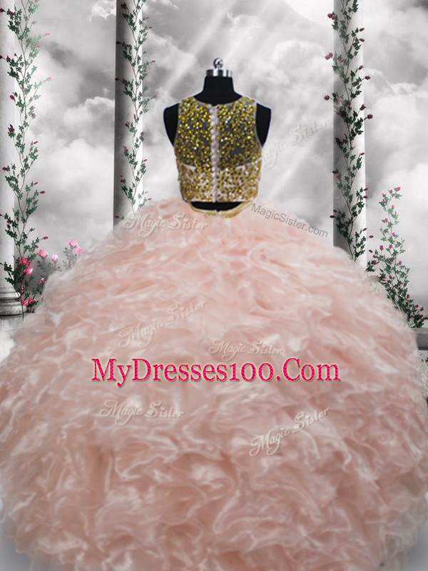 Luxury Peach Sleeveless Beading and Ruffles Floor Length 15 Quinceanera Dress