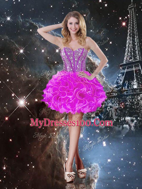 Perfect Fuchsia Lace Up Sweetheart Beading and Ruffles Quinceanera Gowns Organza Sleeveless