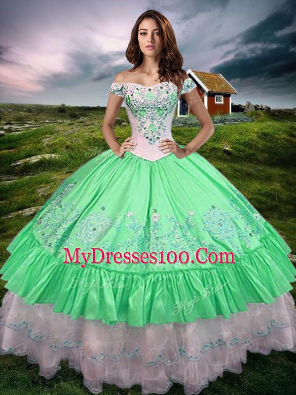 Green Lace Up Quince Ball Gowns Beading and Embroidery and Ruffled Layers Sleeveless Floor Length