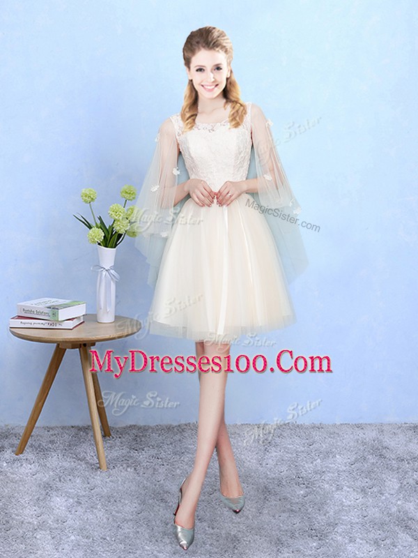 Suitable Champagne Square Lace Up Lace Quinceanera Court of Honor Dress Half Sleeves