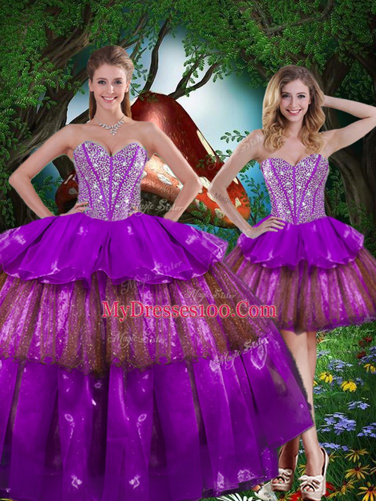 Custom Fit Multi-color Sweetheart Neckline Beading and Ruffled Layers and Sequins Quinceanera Dress Sleeveless Lace Up