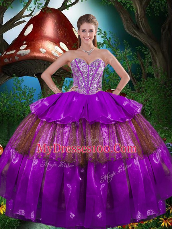 Custom Fit Multi-color Sweetheart Neckline Beading and Ruffled Layers and Sequins Quinceanera Dress Sleeveless Lace Up