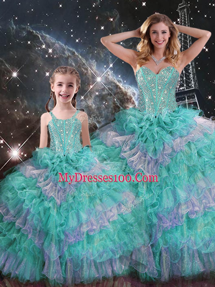 Multi-color Organza Lace Up 15 Quinceanera Dress Sleeveless Floor Length Beading and Ruffled Layers and Sequins