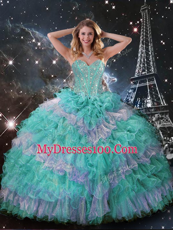 Multi-color Organza Lace Up 15 Quinceanera Dress Sleeveless Floor Length Beading and Ruffled Layers and Sequins