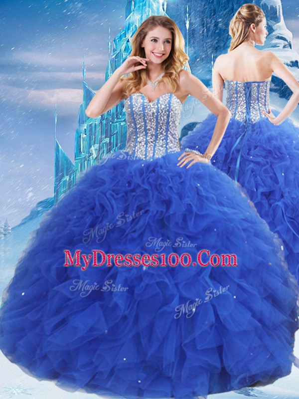 Cheap Ball Gowns Ball Gown Prom Dress Royal Blue Sweetheart Organza Sleeveless Floor Length Lace Up