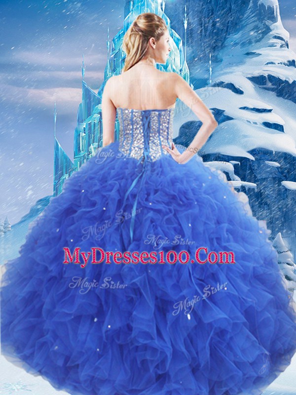 Cheap Ball Gowns Ball Gown Prom Dress Royal Blue Sweetheart Organza Sleeveless Floor Length Lace Up