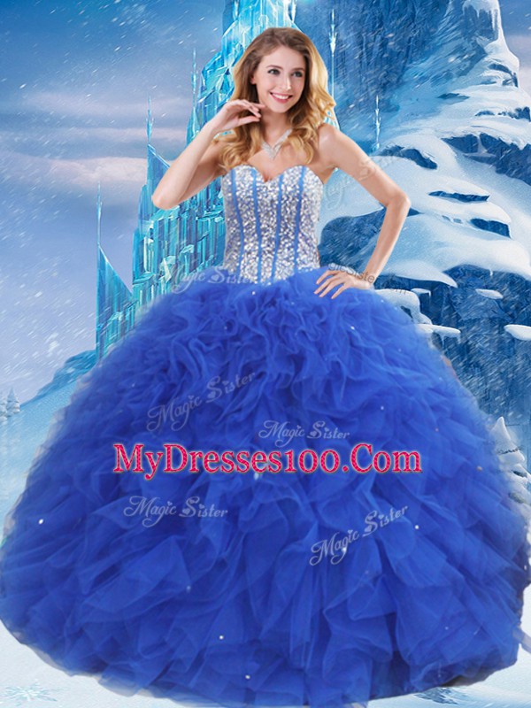 Cheap Ball Gowns Ball Gown Prom Dress Royal Blue Sweetheart Organza Sleeveless Floor Length Lace Up