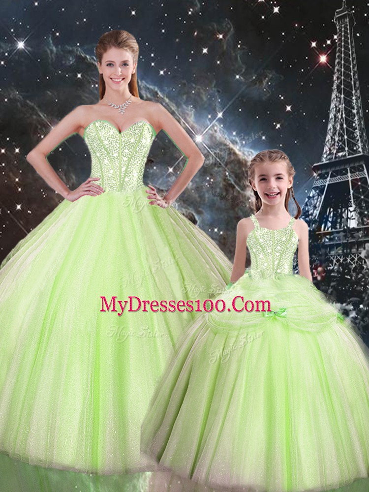 Delicate Yellow Green Tulle Lace Up Sweetheart Sleeveless Floor Length Quince Ball Gowns Beading