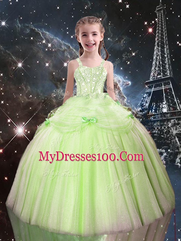Delicate Yellow Green Tulle Lace Up Sweetheart Sleeveless Floor Length Quince Ball Gowns Beading