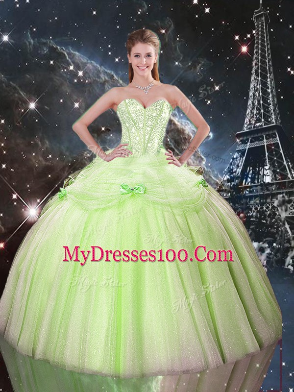 Delicate Yellow Green Tulle Lace Up Sweetheart Sleeveless Floor Length Quince Ball Gowns Beading