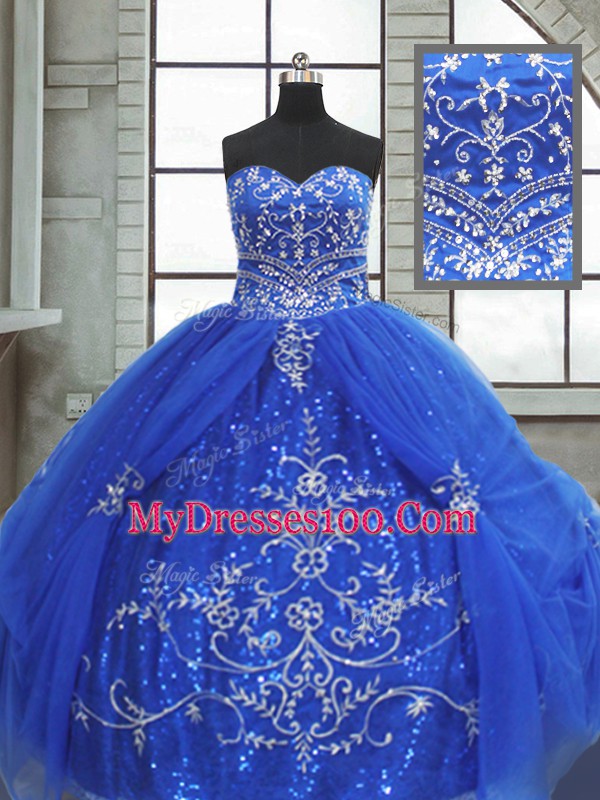 Beading and Appliques Quinceanera Dresses Blue Lace Up Sleeveless Floor Length