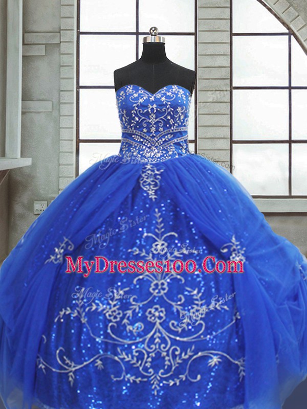 Beading and Appliques Quinceanera Dresses Blue Lace Up Sleeveless Floor Length