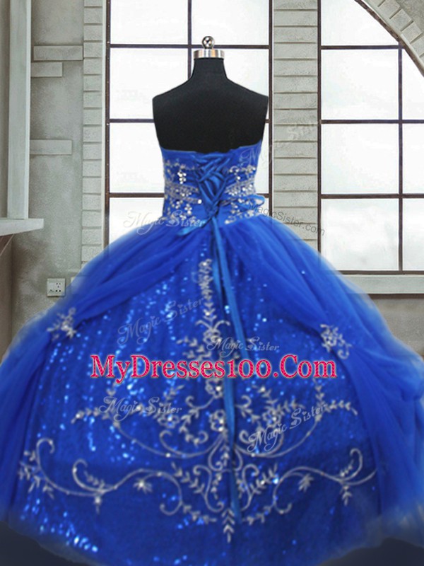 Beading and Appliques Quinceanera Dresses Blue Lace Up Sleeveless Floor Length