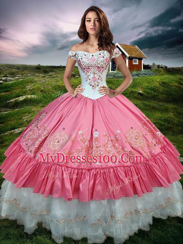 Customized Floor Length Lace Up Sweet 16 Dresses Hot Pink for Military Ball and Sweet 16 and Quinceanera with Beading and Embroidery and Ruffled Layers