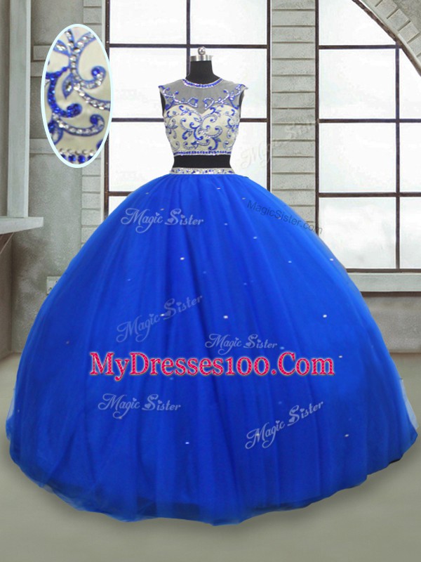 High End Royal Blue Two Pieces Tulle Scoop Sleeveless Beading Floor Length Lace Up Quince Ball Gowns