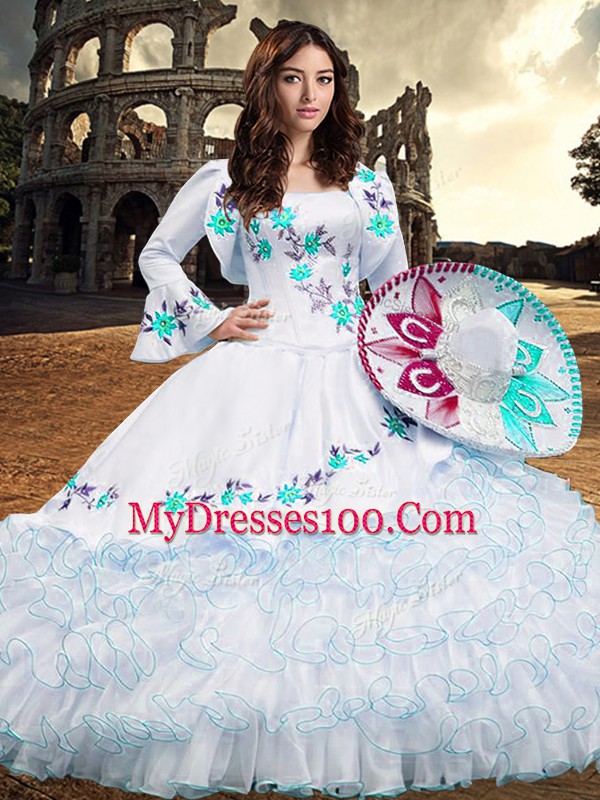 Floor Length Aqua Blue 15 Quinceanera Dress Square Long Sleeves Lace Up