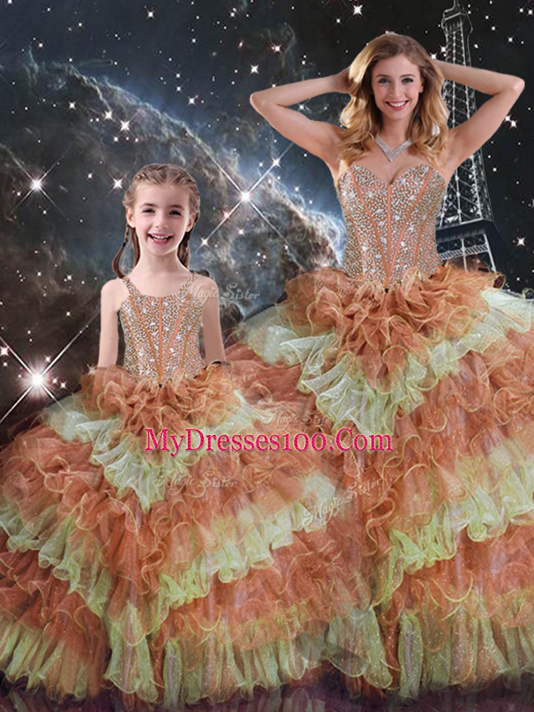 Floor Length Multi-color Sweet 16 Dress Organza Sleeveless Beading and Ruffled Layers and Sequins