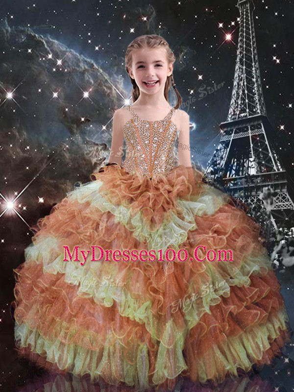 Floor Length Multi-color Sweet 16 Dress Organza Sleeveless Beading and Ruffled Layers and Sequins