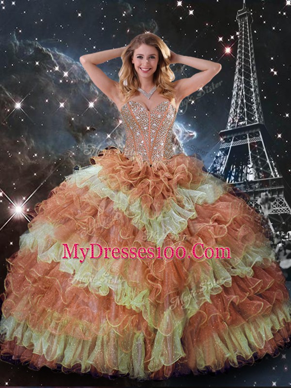 Floor Length Multi-color Sweet 16 Dress Organza Sleeveless Beading and Ruffled Layers and Sequins