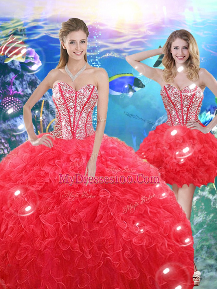 High Class Sweetheart Sleeveless Sweet 16 Dresses Floor Length Beading and Ruffles Coral Red Organza