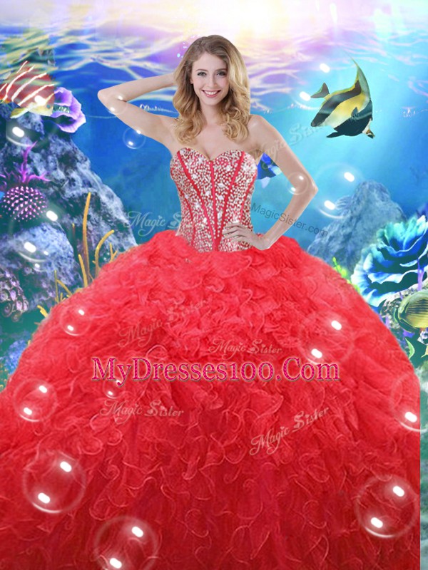 High Class Sweetheart Sleeveless Sweet 16 Dresses Floor Length Beading and Ruffles Coral Red Organza