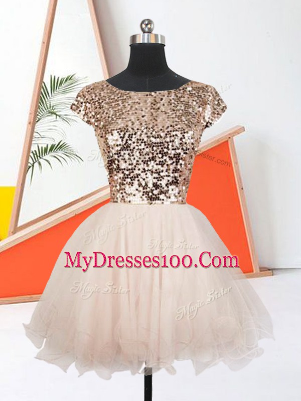 Mini Length Peach Homecoming Dress Scoop Short Sleeves Lace Up