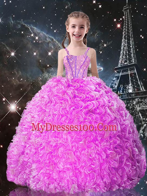 Custom Design Fuchsia Little Girls Pageant Dress Wholesale Quinceanera and Wedding Party with Beading and Ruffles Straps Sleeveless Lace Up