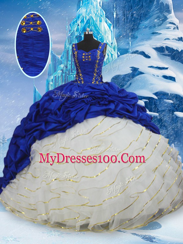 Taffeta Straps Sleeveless Brush Train Lace Up Ruffled Layers and Pick Ups 15th Birthday Dress in Blue And White