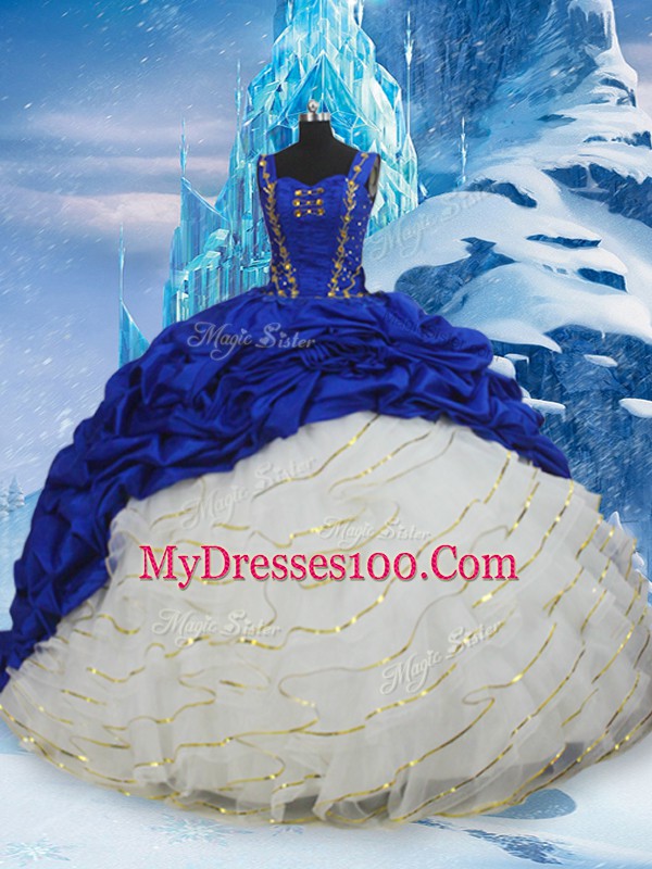 Taffeta Straps Sleeveless Brush Train Lace Up Ruffled Layers and Pick Ups 15th Birthday Dress in Blue And White